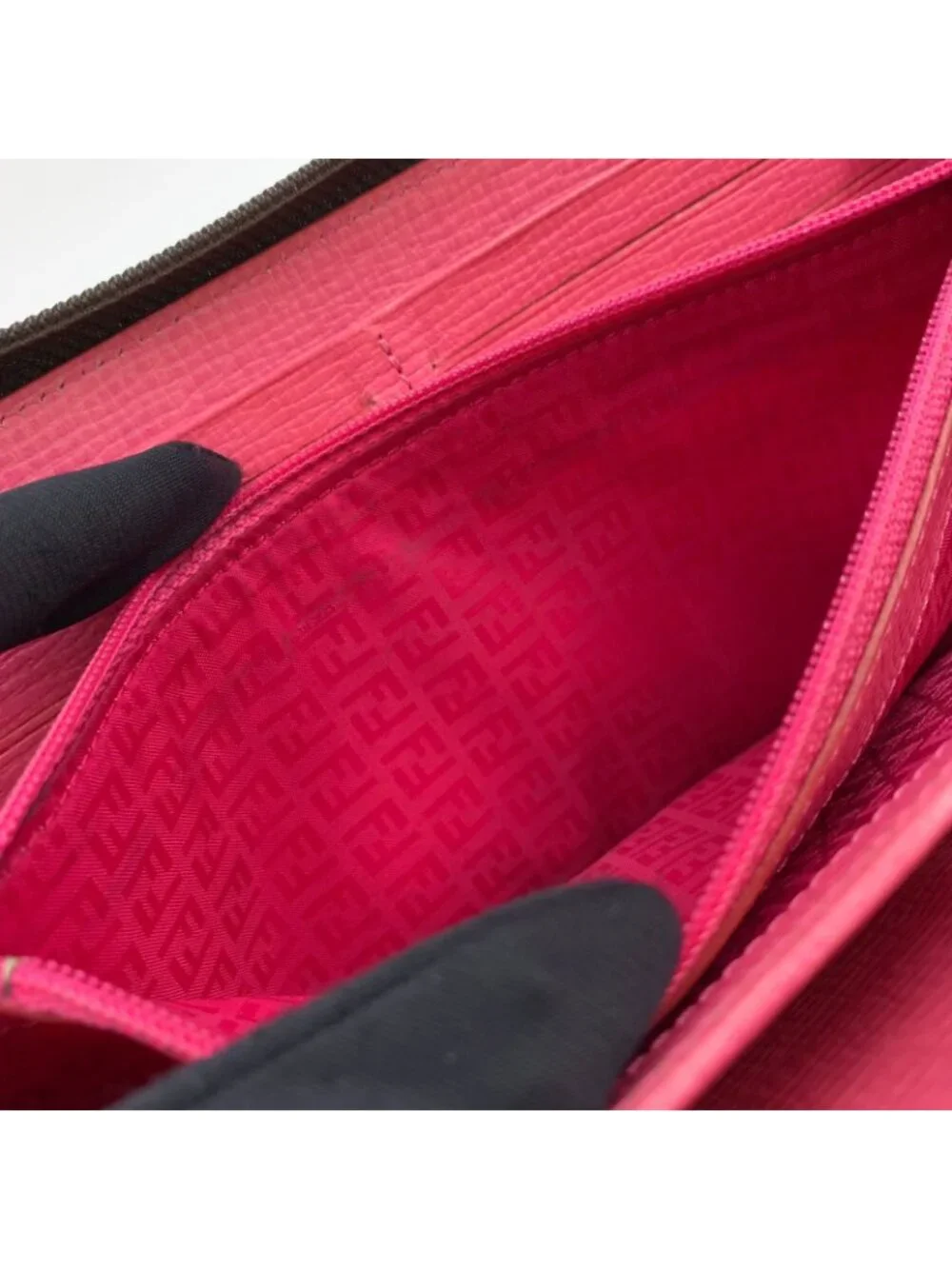 Fendi Zucca Pattern Zip Around Leather Pink Brown Wallet Gold